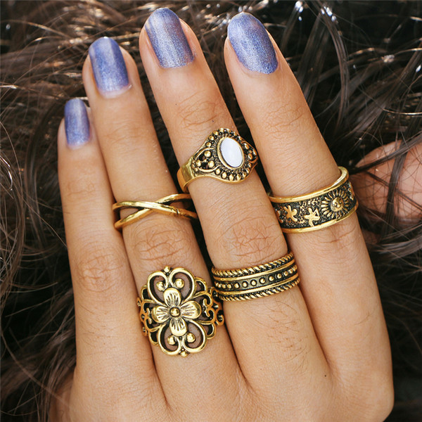 5 PCS/LOT Retro Flower Rings Set Ancient Silver/Gold Color Element Word Ring For Women Party Jewelry YMCJR007