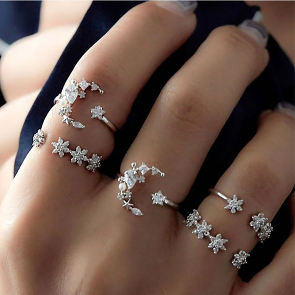 5 PCS/LOT Moon Star Crystal Rings for Women Vintage Wedding Knuckle Boho Flower Ring Bohemian Midi Finger Anillos Mujer Jewelry YMCJR006