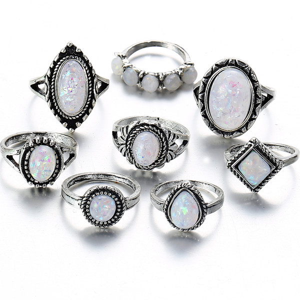 8PCS/LOT Vintage Opals Knuckle Rings Set For Women Geometric Oval Round Finger Ring Party Bohemian Jewelry YMRJ526