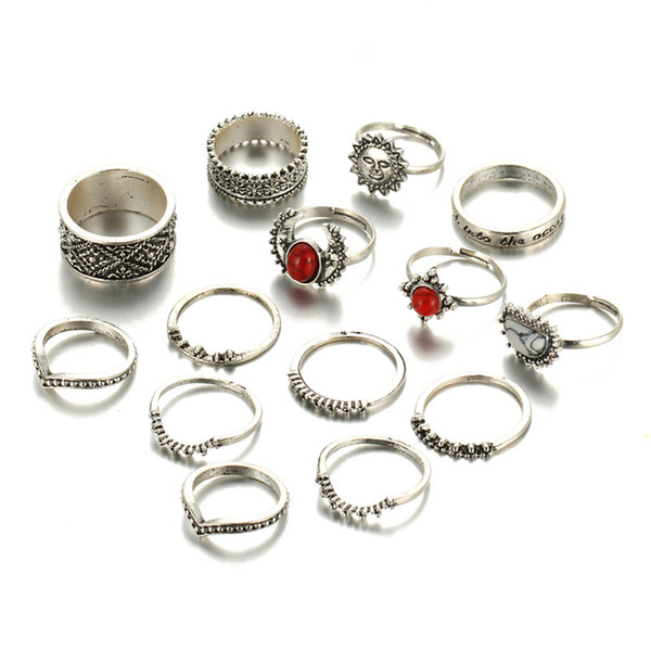 14 PCS/LOT Fashion Vintage Punk Ring Set Antique Boho Style Silver-Color Statement Knuckle Rings Women Party Jewelry YMCJR012