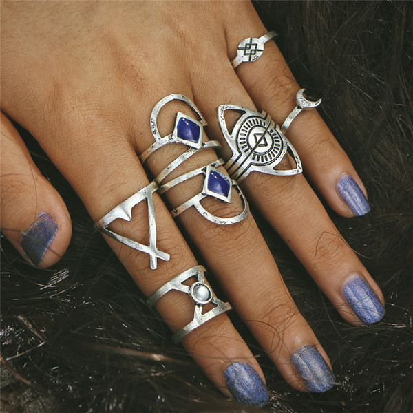 8PCS/LOT Punk Style Blue Stone Ring Set New Retro Antique Silver Color Lucky Arrow Midi Rings for Women YMCJR009