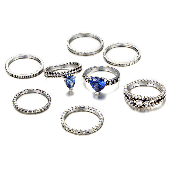 8 pc/lot Vintage Knuckle Ring For Women Geometric Blue Heart Crystal Rings Set Party Bohemian Jewelry Gifts YMCJR015