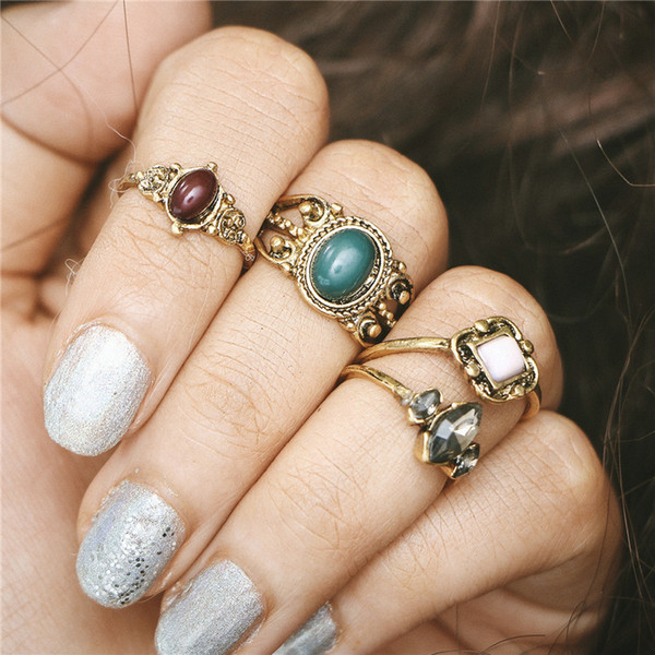 4 PCS/LOT Vintage Gold-Color Midi Ring Sets Boho Beach Anillos Natural Stone Knuckle Rings for Women 2018 Punk Jewelry YMCJR021