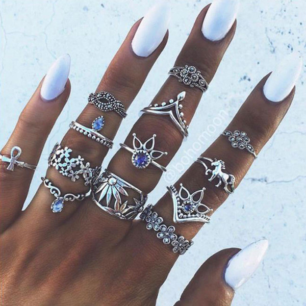 13 PCS/LOT Vintage Knuckle Rings for Women Boho Geometric Flower Crystal Ring Set Bohemian Midi Finger Jewelry YMRJ485