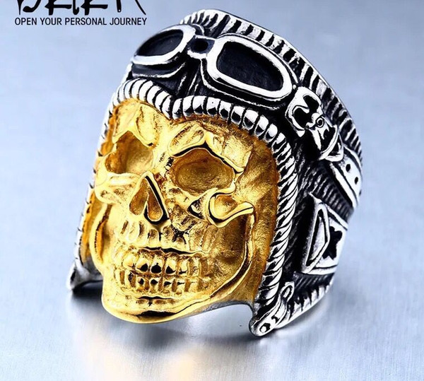 Fashion Gothic Ring Stainless Steel Rings For Mens Big Pilot Skull Ring Punk Biker Jewelry Size 7-13 HIP HOP JEWELRY