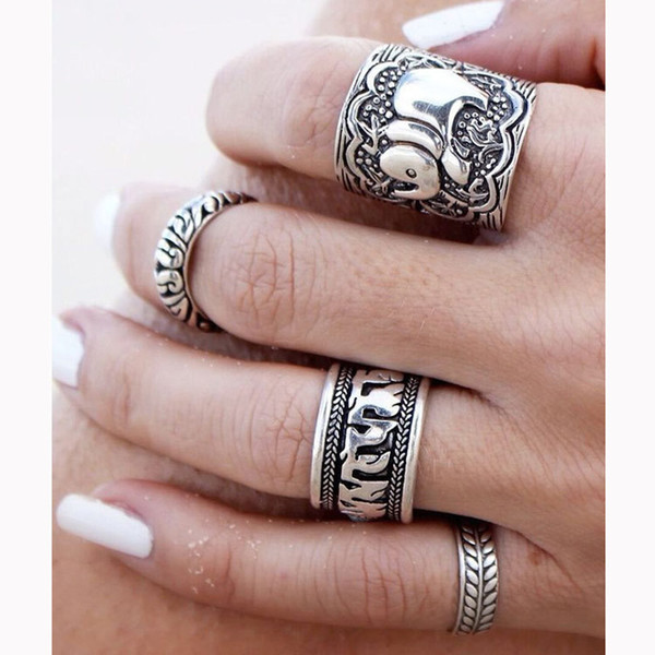 4PCS/Set Elephant Ring Engrave Ancint Silver Bronze Knuckle Rings Band Rings Fashion Designer Jewelry Set for Women Gift Drop Shipping