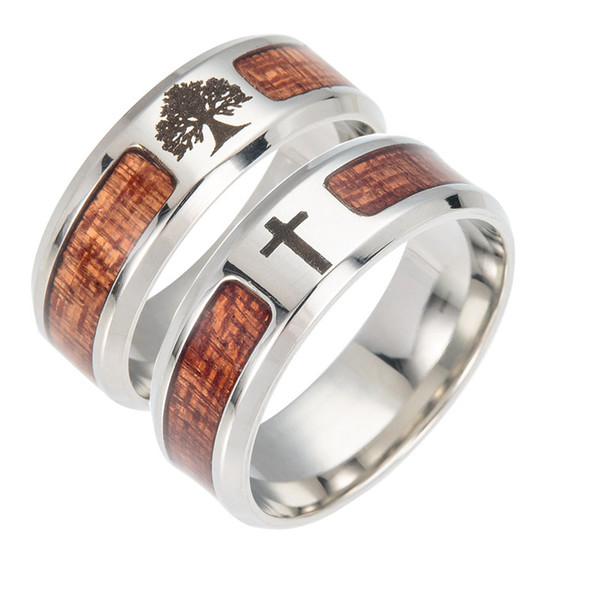 Stainless Steel Tree of Life Jesus Believe Cross Ring Wood Ring Band Rings Women Men Fashion Jewelry Gift Drop Shipping