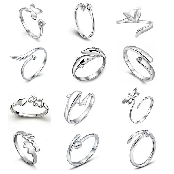 New 925 Sterling Silver Jewerly Rings Dolphins Dragonfly Wings Of The Angel Love Fox Butterfly Opening Adjustable Ring For Women