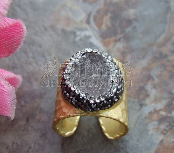 R102312 Natural Mineral Stone Druzy Trimmed With Marcasite Cuff Ring