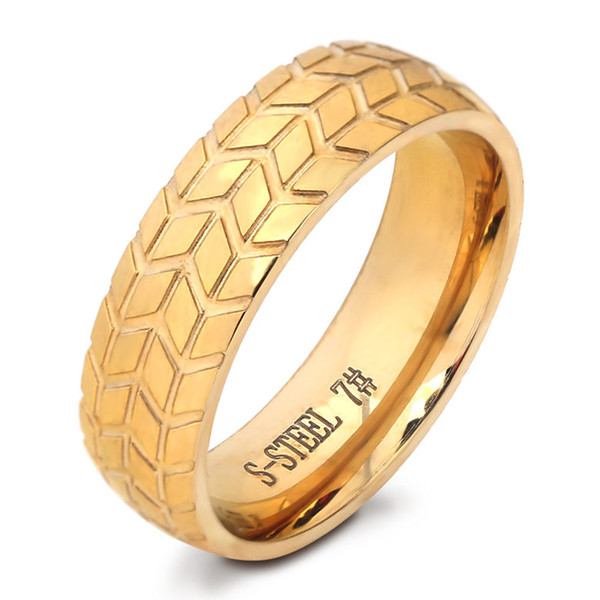 Stainless Steel Rings Jewelry Punk Fashion High Quality European and American Style Geometric Tire Tread Gold Plated Band Rings LR053