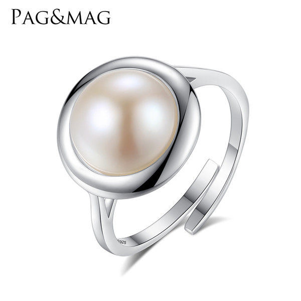 PAG&MAG Authentic 925 Sterling Silver Elegant Round Natural Freshwater White Pearl Rings for Women Adjustable Ring Fine Jewelry