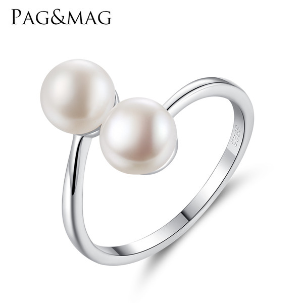 PAG&MAG Genuine 925 Sterling Silver Open Rings for Women Fascinating Natural Pearl White Gold Color Simple Rings Fine Jewellery