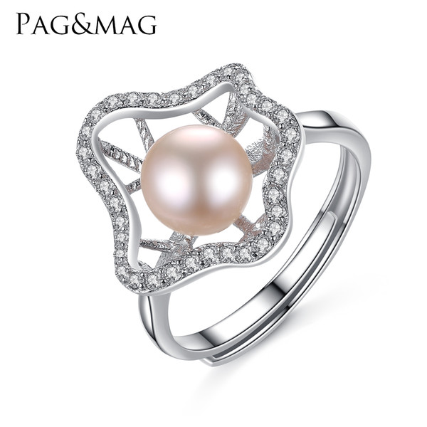 PAG&MAG Brand Flower Shape 925 Sterling Silver Finger Ring High Bright Flawless Pink Freshwater Pearl Women Ring Size Resizable