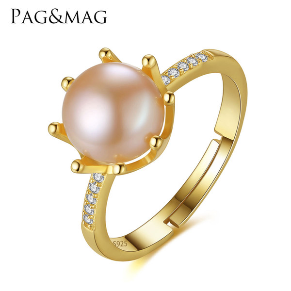 PAG&MAG Brand Crown Shape Eight Paws Natural Pearl 8-8.5mm 925 Sterling Silver Wedding Rings for Women Gift Box Free Wholesale