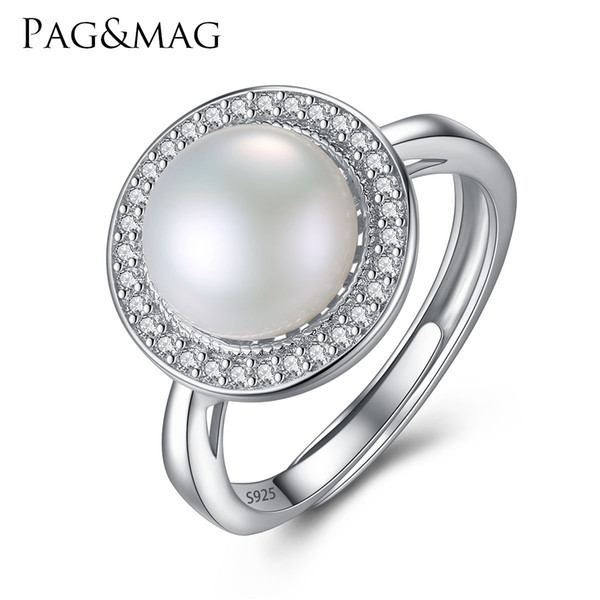 PAG&MAG Brand Classic Round Disk 925 Sterling Silver Jewelry One Big 9-9.5mm Freshwater Natural Pearl Women Wedding Ring Hot001