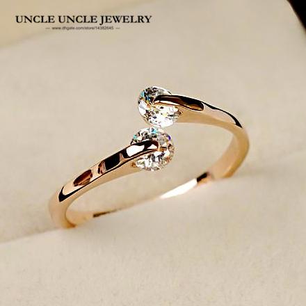 On Sale Rose Gold Color 2 Pcs Zirconia Open Style Twin Crystal Fashion Woman Finger Ring Christmas Gifts Wholesale 18krgp stamp