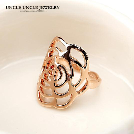 Brand Design Rose Gold Color Hollow Out Camellia Flower Element Fashion Woman Finger Ring Wholesale