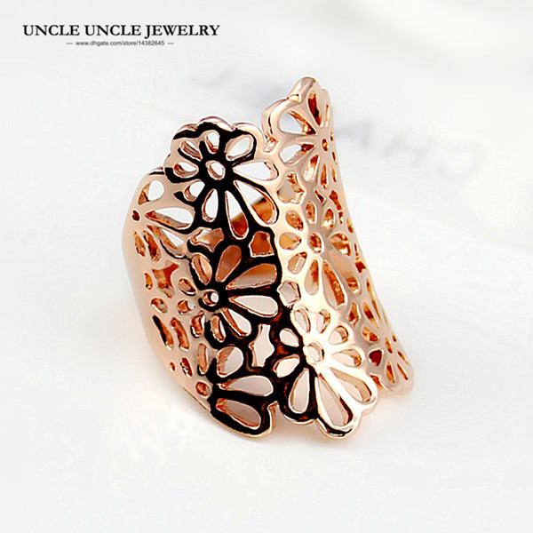 Brand Design Woman Wide Rings Rose Gold Color Hollow-out Style Flower Element Lady Finger Ring Wholesale Perfect Gift