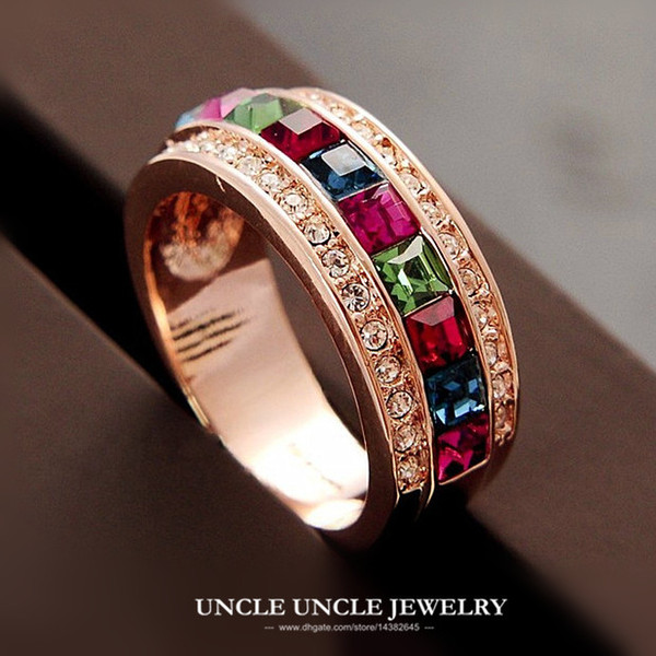 Rose Gold Color Sparkly Multicolour Square Austrian Crystal Rainbow Design Lady Finger Ring