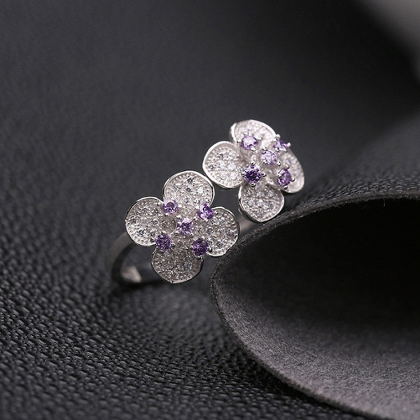 s925 Silver Jewelry Flower Rings For Women Adjustable Open Elegant Purple Crystal Send Girlfriend Fashion Cute Romantic Free Shipping 1pc