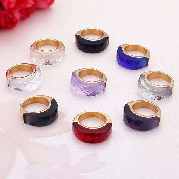 Rings Lady Women Colors Stone Stainless Steel 18K Gold Ring Jewelry (US Size #6 To #9)