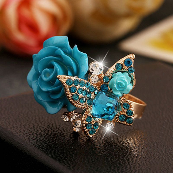 New Rose Ring Shiny Rhinestone Butterfly Rings Retro Bohemia Alloy With Cube Crystal 6 Colors Shinny Flower Rings Women Jewelry