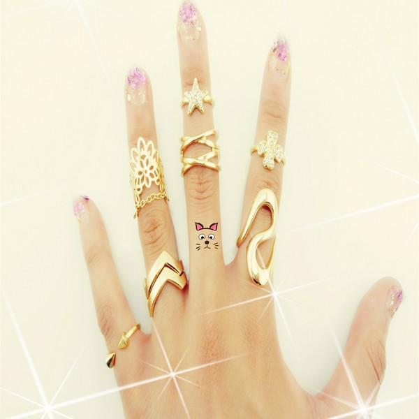 Fashion Korea Style Gold Plated Rivet Star Rhinestone Clover Lace Crystal Ring Tail Joints Jewelry Set