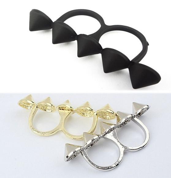 Goth Punk Gold Silver Black Rivet Conical Double Fingers Ring 2 colors mix 1pcs/lot unisex jewelry