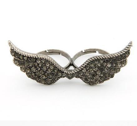 New Vintage Style Silver Bronze Rhinestone Angel Wing Double Finger Ring 1pcs/lot unisex Fashion jewelry