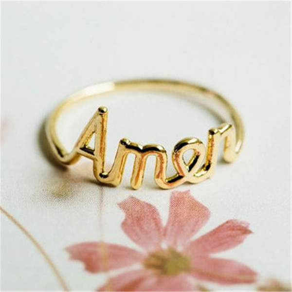 The latest elements rings for girlsTop quality Amen script letter rings Gold-color Letters jewelry rings for women