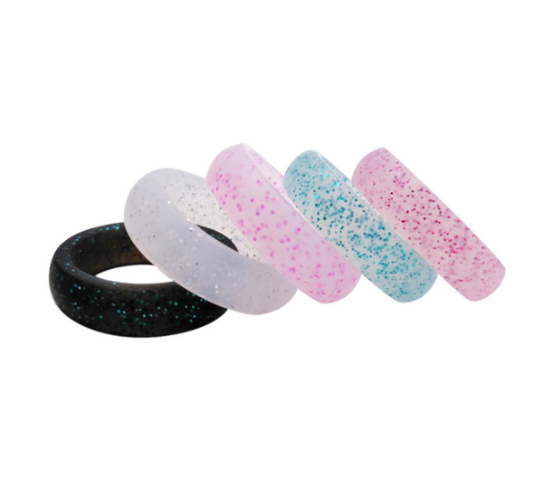 Women Jewelry Silicone Wedding Rings 5.5mm Glitter Silicone Rubber Flexible Ring Band Mixed Color Size Wedding Sports Enthusiast