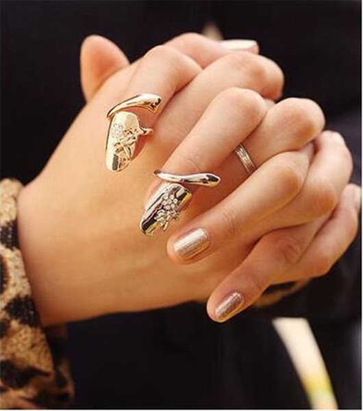 10pcs Exquisite Cute Retro Queen Dragonfly Design Rhinestone Plum Snake Gold/Silver Ring Finger Nail Rings J046