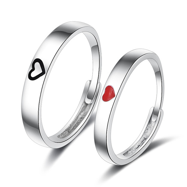 Vintage Lovers Couple Rings Red Black Heart Ring Romantic Finger Rings for Women Man Wedding Jewelry Adjustable Silver Opening Ring