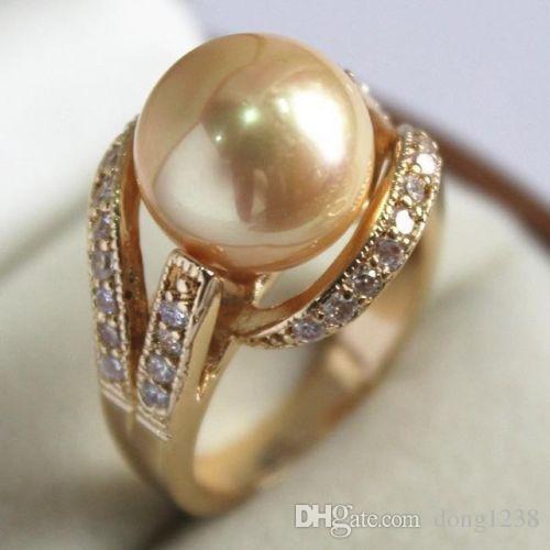 Jade crystal pearl ring free shipping > White Gold Plated Crystal 12mm Golden Yellow Shell Pearl Ring size: 7 8 9