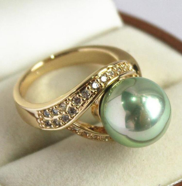 elegant lady's 18KGP with crystal decorated &12mm green shell pearl ring(#7 8 9 10