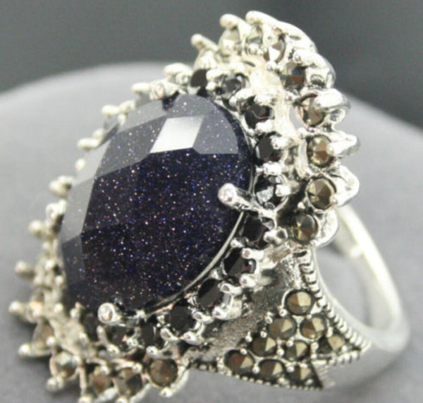 16*27mm Rare Real Faceted Blue Sandstone Marcasite 925 SILVER RING SIE 7/8/9/10