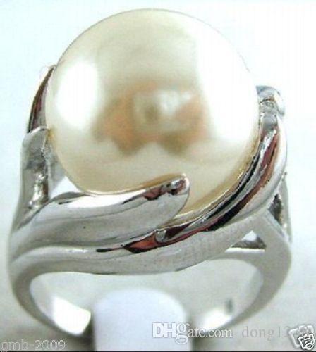 Jade crystal pearl ring free shipping >Fashion Natural 14mm White South Sea Shell Pearl Wedding Jewelry Ring Size 7/8/9