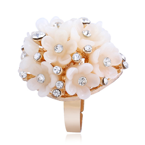 Fashional Golden Jane Band Ring Flower Rhinestone Ring Popular Forefinger Ring For Girl Gift Pary Adjustable Opening Rings White Color