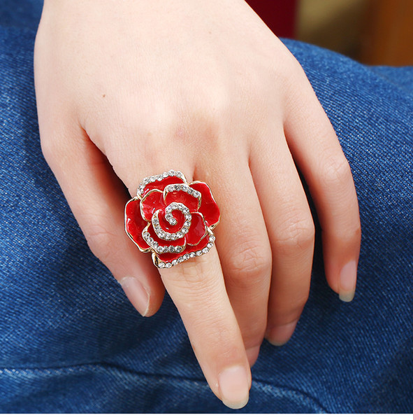 Personality Fashional Rose Flower Ring Crystal Rhinestone Band Rings For Women Jewelry Adjustable Wedding Ring Red White Black Blue Colors