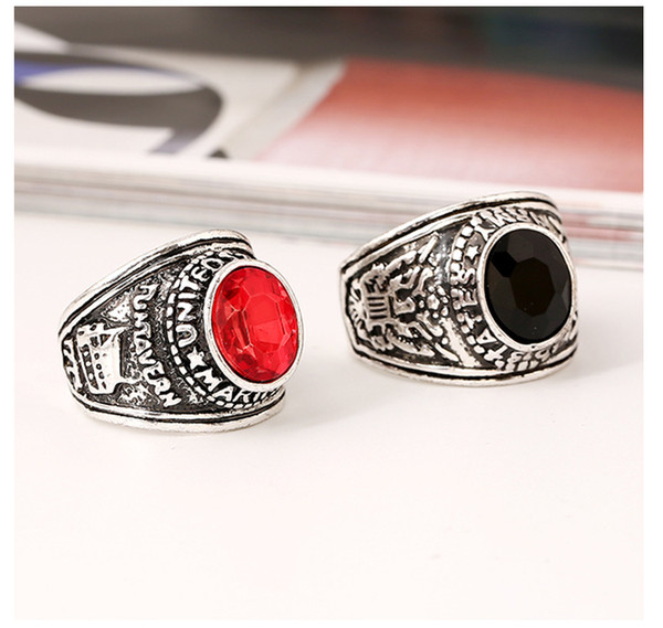 Retro Ring Egle Image American Fashional Vintage Band Ring Glass Alloy Made With Red Rubine Black Red Color Personality Ring For Male