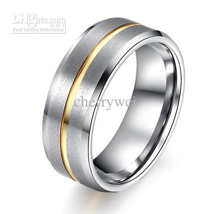 Wholesale - Hot Selling Tungsten Carbide Ring With 18K Gold Plated Striped Groove on the Center Mens Wedding Band Ring Size 8/9/10/11/11.5