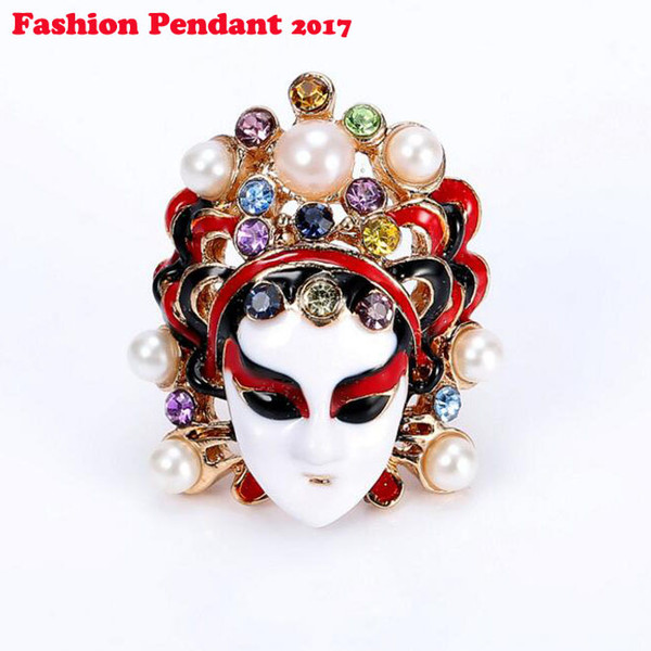 Vintage Chinese Style Traditional Peking Opera Rhinestone Rings For Women Gold Enamel Ficial Masks Ring Fine Jewelry