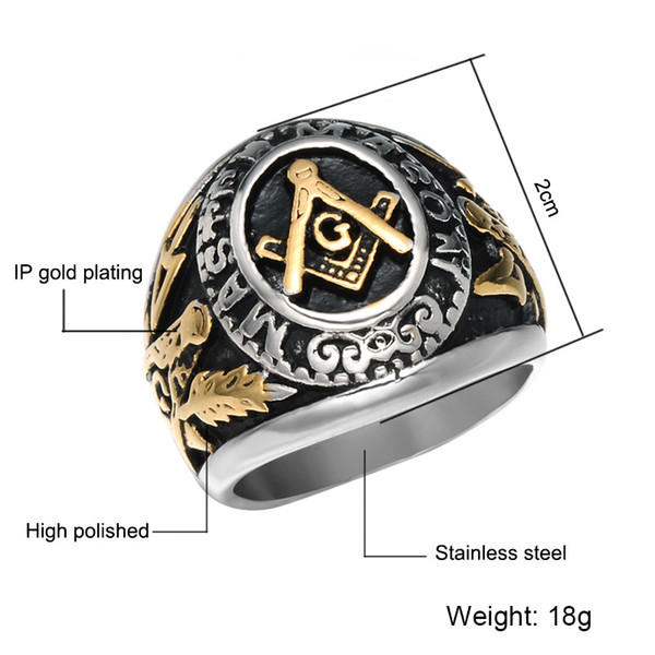 College Style (GOLD Plated) Stainless Steel Freemason Ring Masonic Rings Freemason's Jewelry for Free Masonry Member Masonary Ring