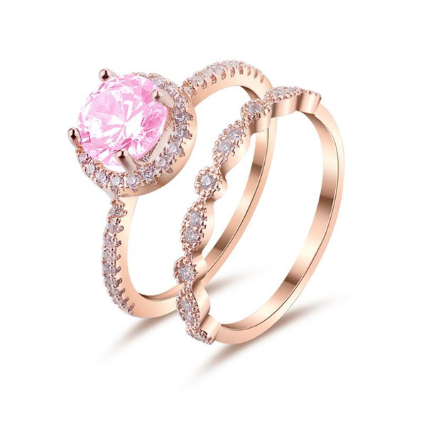 2018 Ins Delicate Pink Zircon Diamond Double Ring Women Finger Jewelry Cz Paved Rose Gold Copper Material