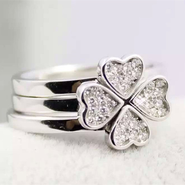 S925 sterling silver ring classic heart-shaped spell lucky grass full diamond ring three-in-one ring to send girlfriend girlfriends Valentin