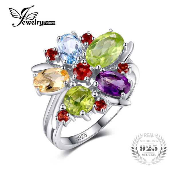 JewelryPalace Flower Multicolor 3.1ct Natural Amethyst Garnet Peridot Citrine Blue Topaz Cocktail Ring 925 Sterling Silver Ring