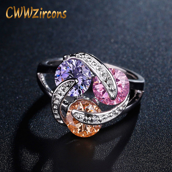 CWWZircons Rotating Design Sparkling Pink Yellow Purple CZ Crystal Engagement Rings For Women 925 Sterling Silver Jewelry R096