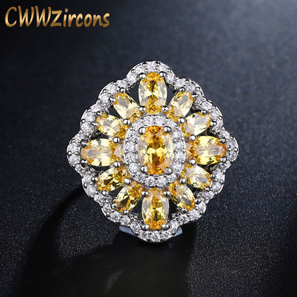 CWWZircons Brand Vintage Big Yellow Crystal Ring For Women Cubic Zirconia Setting Delicate Engagement Wedding Jewelry R099