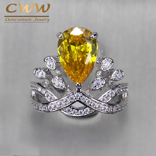 CWWZircons Luxurious Cubic Zirconia Wedding Engagement Party Jewelry Crown Shape Big Yellow Stone Rings For Women R005