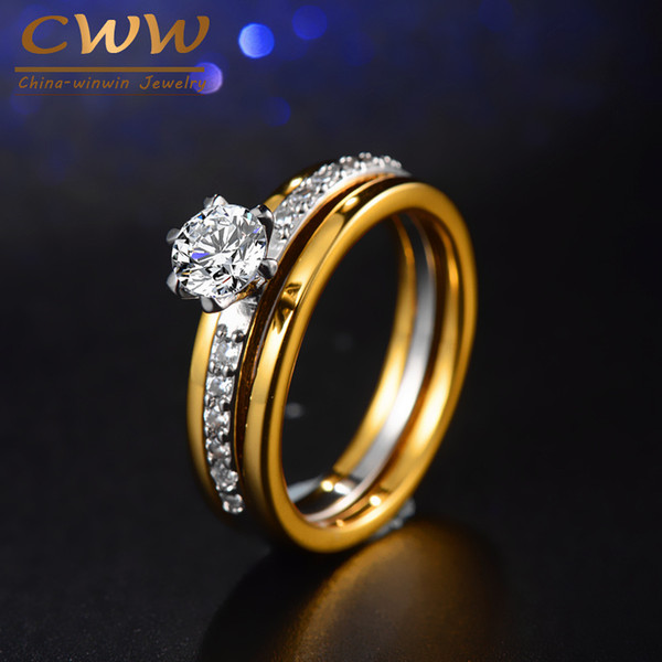 CWWZircons Brand Two Tones Color Gorgeous Cubic Zirconia Engagement Jewelry Wedding Band Ring Set For Women R088